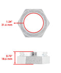 Front and side views of Caltric rear axle bearing housing carrier hub; silver metal with 31.6 mm bore, 18.6 mm height