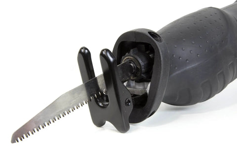 Close-up of Powerful 10 Amp Variable Speed Reciprocating Saw with 8 Position Pivoting Head and Twist Lock Blade Holder