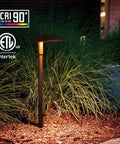 5CCT Low Voltage Pathway Lights With Anti-Glare Side-Emitting Design illuminating a pathway, IP65 rated aluminum, at night.