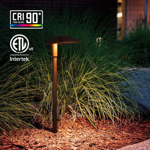 5CCT Low Voltage Pathway Lights With Anti-Glare Side-Emitting Design illuminating a pathway, IP65 rated aluminum, at night.