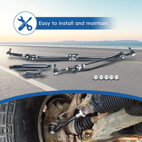 Beefed Up Steering Linkage Upgrade Kit For Ram 1500 2500 3500 4x4 2003-2013 Featuring Drag Link, Tie Rod, Pitman Arm And Damper Replacement For Tough, Road Ready Handling On Rough Surfaces. black steel steering linkage kit with drag link, tie rod, pitman arm, and damper