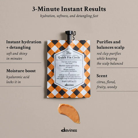 Three Minute Express Hydration Hair Mask For Silky Smooth Strands With Hyaluronic Acid To Deep Condition And Detangle Tangles Quick For A Total Hair Glow Up And Snatched Ends in a 50ml pouch with orange and white design.