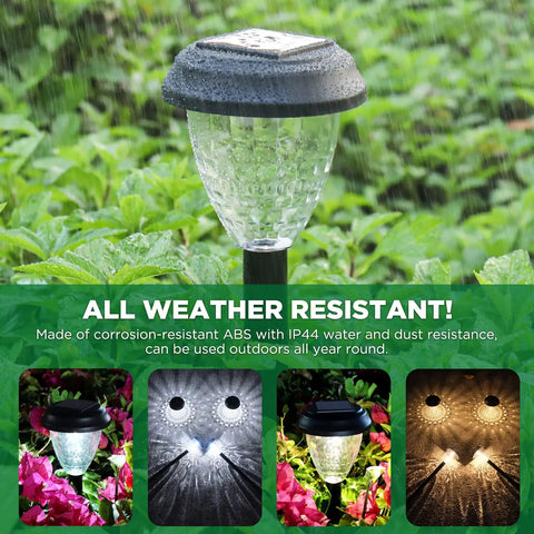 Super Bright Solar Path Lights Outdoor Waterproof 10 Pack Dusk to Dawn LED landscape lighting with mandala pattern in rain.