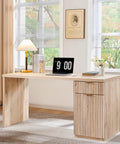 60 Inch Modern Executive Desk With Storage For Home Office Oak Wood Writing Desk With Drawer And Cabinet Fluted Surface