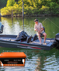 Boat equipped with 36V Lithium Golf Cart Battery 100Ah LiFePO4 With Built In Bluetooth 200A BMS, anglers fishing on lake