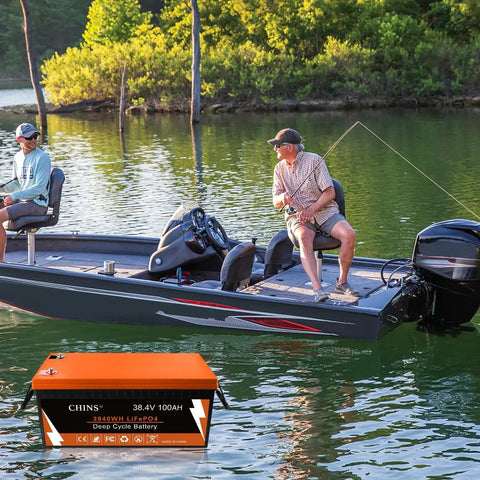 Boat equipped with 36V Lithium Golf Cart Battery 100Ah LiFePO4 With Built In Bluetooth 200A BMS, anglers fishing on lake