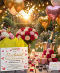 Anniversary Gift Bag For Hubby With Greeting Card And 3 Tissue Paper Romantic Heart Theme Wrap Bag For Men, flowers, candles, balloons