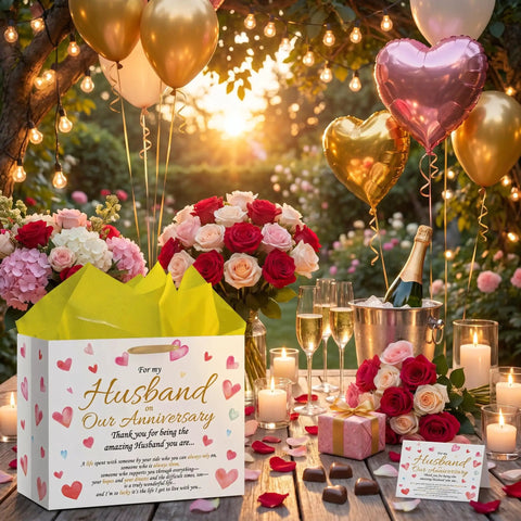 Anniversary Gift Bag For Hubby With Greeting Card And 3 Tissue Paper Romantic Heart Theme Wrap Bag For Men, flowers, candles, balloons