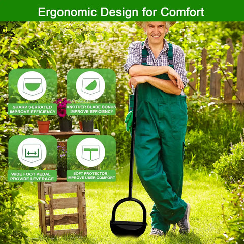 Man in a garden with 41 Inch Manual Lawn Edger With Two Replaceable Blades And T Grip Handle For Yard Garden Landscaping Sidewalk And Flower Bed Built From Rust Resistant Steel For Pro Grade Durability And Easy To Use