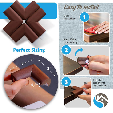 Eight Pack Baby Proofing Corner Guards Kid Safe Soft Rubber Edge Protectors With 3M Adhesive For Fireplaces Tables Cabinets Stairs And Other Furniture Brown Safety, showing installation guide and guard dimensions.