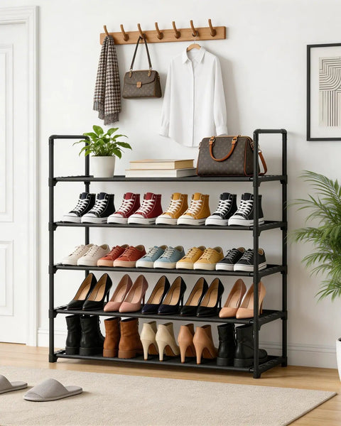 Ultra Roomy Five Tier Shoe Rack Organizer For 20 To 25 Pairs Of Kicks With 34.3 Inch Wide Adjustable Shelves in use