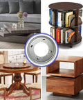 Built Tough Nine Inch Lazy Susan Hardware Kit With Square Rotating Bearing Plate displayed with various furniture pieces.