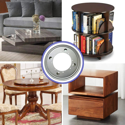 Built Tough Nine Inch Lazy Susan Hardware Kit With Square Rotating Bearing Plate displayed with various furniture pieces.