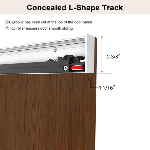 Concealed L-Shape track system for 42 By 84 Inch Concealed Sliding Barn Door With Soft Close Mechanism and Heavy Duty Track System.