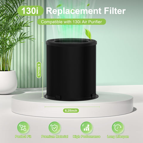Replacement Filter For Puro 130i Air Purifier With HEPA And Activated Carbon Filtration 3 Stage System For Pollen Smoke Dust And Household Pollutants Keeps Your Indoor Air Fresh And Clean shown with dimensions and compatibility