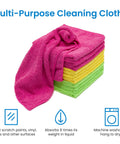 Stack of colorful ultra soft microfiber cloths reusable and washable do it all all purpose indoor outdoor cleaning dusting polishing.