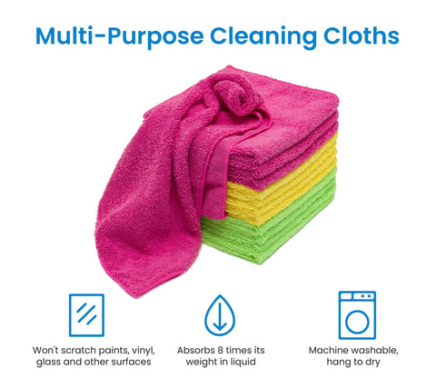 Stack of colorful ultra soft microfiber cloths reusable and washable do it all all purpose indoor outdoor cleaning dusting polishing.