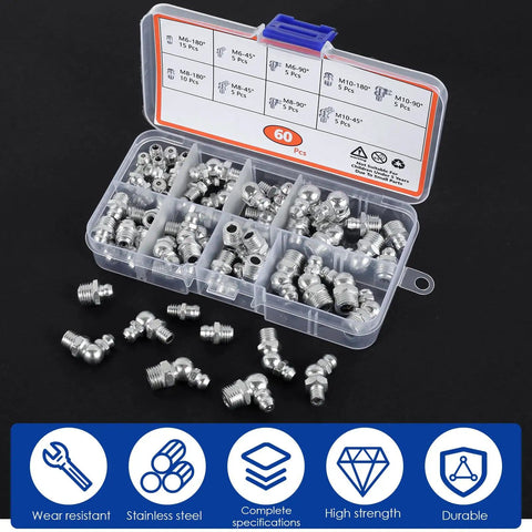 Heavy Duty Zinc Plated Grease Fitting Kit 60 Piece Assortment Straight And Angled Zerk Fittings M6 M8 M10 For Automotive Use