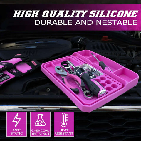 Two Piece Flexible Silicone Tool Organizer Tray Set In Pink For Safe Slip Resistant Storage Grab And Go Magnetic Tray With Divided Compartments And A Larger Tray For Bigger Tools Or Parts shown on a car engine with tools.