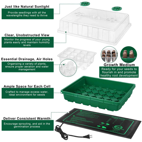 Seed Starter Kit With Grow Light And Heat Mat, 48 Cell Seed Tray, Humidity Dome And Base Germination Trays, Plastic Propagation Kit For Easy Seed Starting, Green