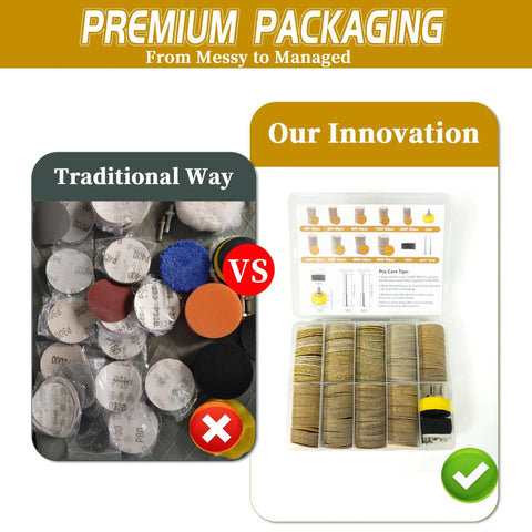 Comparison of All In One 410 Piece 1 Inch Sanding Disc Kit packaging; traditional method vs new organized box.