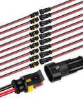 Nilight 2-pin waterproof automotive wire connectors with red/black 16AWG wires, 10-pack, front view.