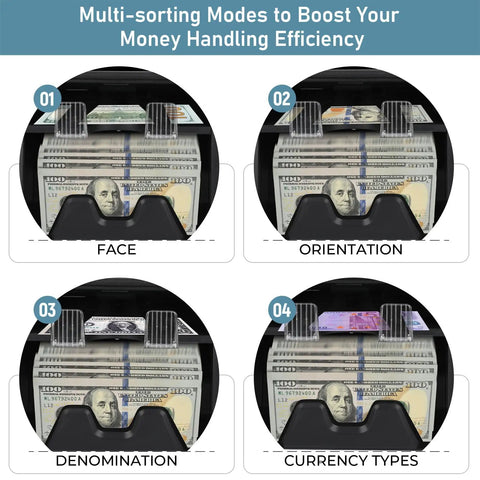 No Sweat Multi Currency Money Counter And Bill Sorter With Touchscreen Counterfeit Scanner Reject Tray showing multi-sorting modes for cash.