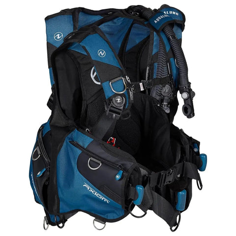 Axiom Men's BCD Buoyancy Compensator With Wrapture Harness And Valve Retention Strap showing front and side views