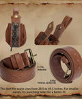 Clutch Vintage Renaissance Pirate Belt Set Featuring Ridiculously Handy Cell Phone Pouch Adjustable Drawstring Bag And Sturdy Skirt Hooks For Fire Cosplay Dramas And Night Out Rides, showing a brown leather belt with pouch and dimensions.