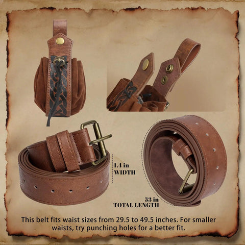 Clutch Vintage Renaissance Pirate Belt Set Featuring Ridiculously Handy Cell Phone Pouch Adjustable Drawstring Bag And Sturdy Skirt Hooks For Fire Cosplay Dramas And Night Out Rides, showing a brown leather belt with pouch and dimensions.