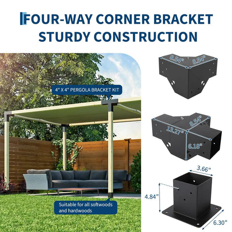 Tough As Nails Carbon Steel Pergola Kit Built To Last With Four Way And Corner Brackets Post Base For 4x4 Lumber Outdoor Patio Gazebo Hardware Black Ideal For Backyards Decks And Log Cabins