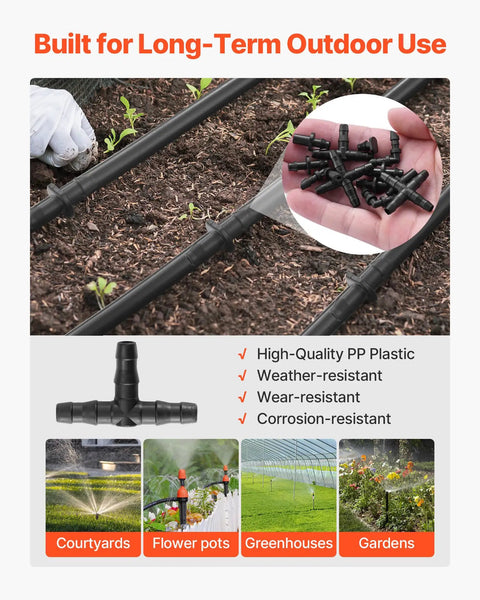 Ultimate 300 Piece Drip Irrigation Fittings Kit For Quarter Inch Tubing with various fittings in use in a garden setting.
