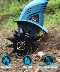 Cordless 21V Tiller With 8 Inch Wide Cultivator, 4.0Ah Battery Powered Garden Rototiller with steel tines digging into soil