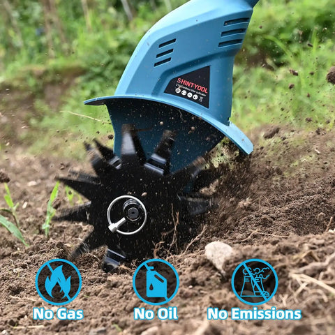 Cordless 21V Tiller With 8 Inch Wide Cultivator, 4.0Ah Battery Powered Garden Rototiller with steel tines digging into soil