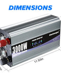 Heavy Duty 3000 Watt Power Inverter Converts 12V Dc To 120V Ac showing dimensions, front display, and connections for easy use.