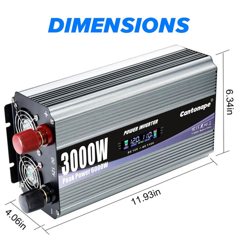 Heavy Duty 3000 Watt Power Inverter Converts 12V Dc To 120V Ac showing dimensions, front display, and connections for easy use.