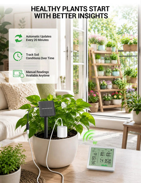 7-In-1 Wireless Soil Test Kit With Solar Power, Expandable Probes, And All-In-One Readouts For Soil Moisture, pH, Fertility, Temperature, Plus Air Humidity And Light For Garden, Lawn, And Farm. Wireless sensor with monitor in potted plant