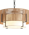 A Straight Up Game Changer 4Light Rattan Chandelier With Linen Drum Shades, 19-inch woven wicker and fabric, ideal for dining areas.