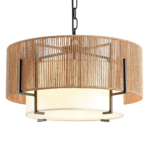A Straight Up Game Changer 4Light Rattan Chandelier With Linen Drum Shades, 19-inch woven wicker and fabric, ideal for dining areas.