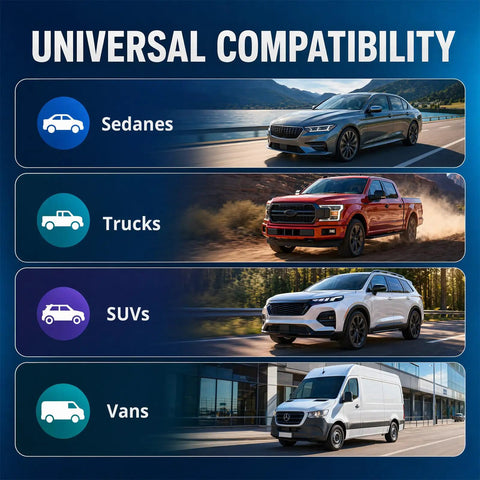 Infographic showing universal compatibility of Windshield Repair Kit For Chips And Cracks DIY Car Glass Repair Tool with vehicles
