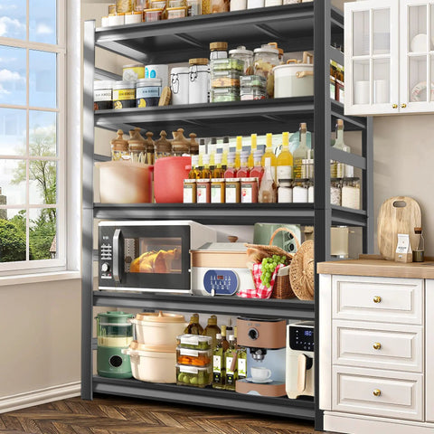 Heavy Duty 2500 lbs Metal Shelving Unit, 5 Tier Adjustable Kitchen Storage Shelves For Microwave And Appliances, Workhorse Pantry Organizer Rack, No Bolt Utility Rack, 35.4 Inches Wide By 15.75 Inches Deep By 71.2 Inches High, filled with kitchen appliances and pantry jars