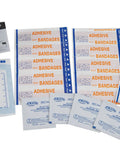 First aid kit contents showing adhesive bandages, alcohol wipes, and instructions from Compact Car Emergency Roadside Kit With Grab And Go Jumper Cables Tow Strap LED Flashlight Gloves First Aid Kit And One Year Roadside Assistance For All Weather Travel