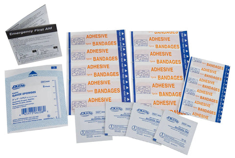 First aid kit contents showing adhesive bandages, alcohol wipes, and instructions from Compact Car Emergency Roadside Kit With Grab And Go Jumper Cables Tow Strap LED Flashlight Gloves First Aid Kit And One Year Roadside Assistance For All Weather Travel