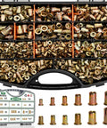 Garage-Ready 850-Piece Rivet Nut Kit With SAE And Metric Sizes, Flat Head Threaded Inserts For DIY Projects And Auto Repairs Includes M3 To M10 And Inch Sizes Like 1/4-20, 5/16-18, 3/8-16, assorted brass rivet nuts in organizer case