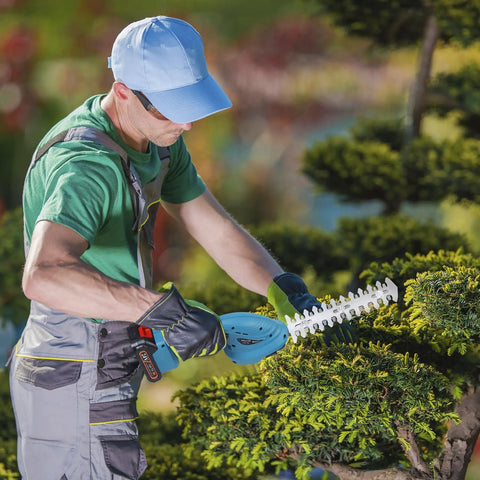 Person using Cordless Hedge Trimmer With Battery And Charger 21V Two In One Grass Cutter And Shrub Trimmer for bush trimming.