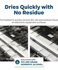 Before and after use of 70 Percent IPA Presaturated Electronic Cleaning Wipes, showing dirt removal on electronic surface.