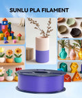 Purple spool of 16 Color PLA Filament Bundle For 3D Printing, 1.75mm, shown with printed objects, 4kg total, easy flow, vacuum packed.