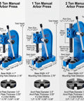 Rock Solid Heavy Duty Manual Arbor Press With Cast Iron Frame And Steel Ram For Precision Punching Inserting And Bushing Half To Two Ton Shop Beast Built Tough For Daily Garage Hustle dimensions comparison image showing 0.5, 1, and 2 ton models.