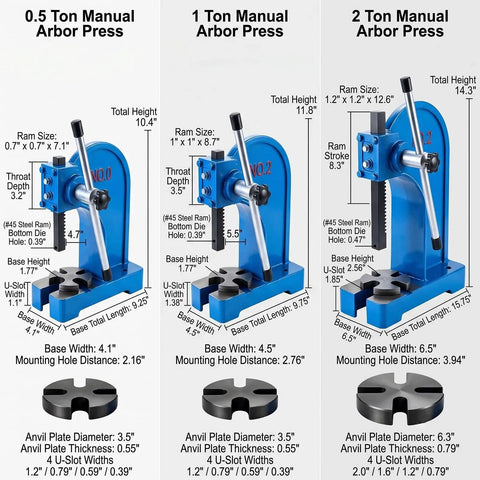 Rock Solid Heavy Duty Manual Arbor Press With Cast Iron Frame And Steel Ram For Precision Punching Inserting And Bushing Half To Two Ton Shop Beast Built Tough For Daily Garage Hustle dimensions comparison image showing 0.5, 1, and 2 ton models.