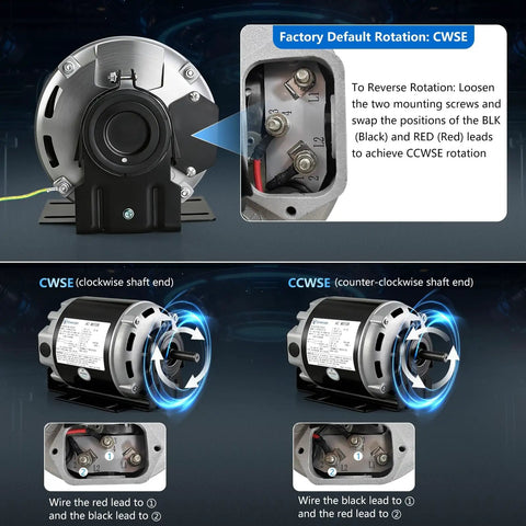 Half Horsepower 115 Volt 60 Hz 1725 RPM Belt Drive Fan Motor With 48 Frame For HVAC Systems Reversible Rotation Class B Insulation Thermal Protection And Long Lasting Quiet Operation, CWSE/CCWSE wiring view